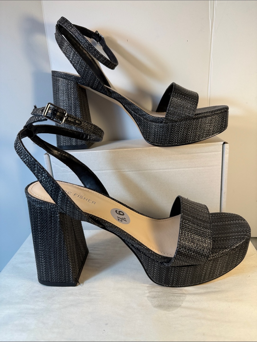 Marc Fisher Black Woven Platform Block Heel Sandals